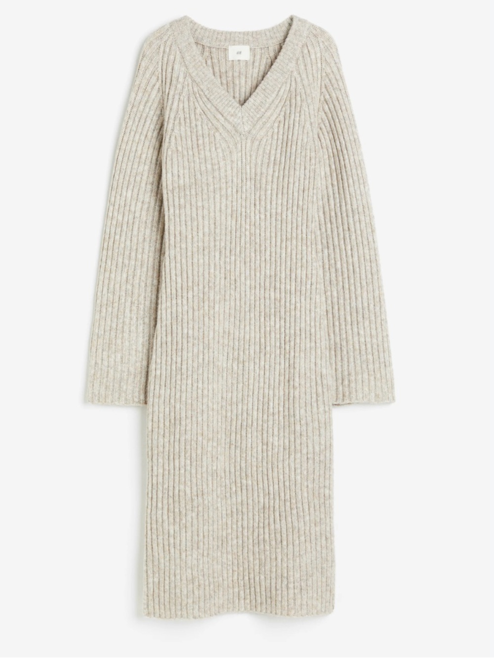 H&M Ribbed V-Neck Long Sleeve Knit Dress in Light Taupe